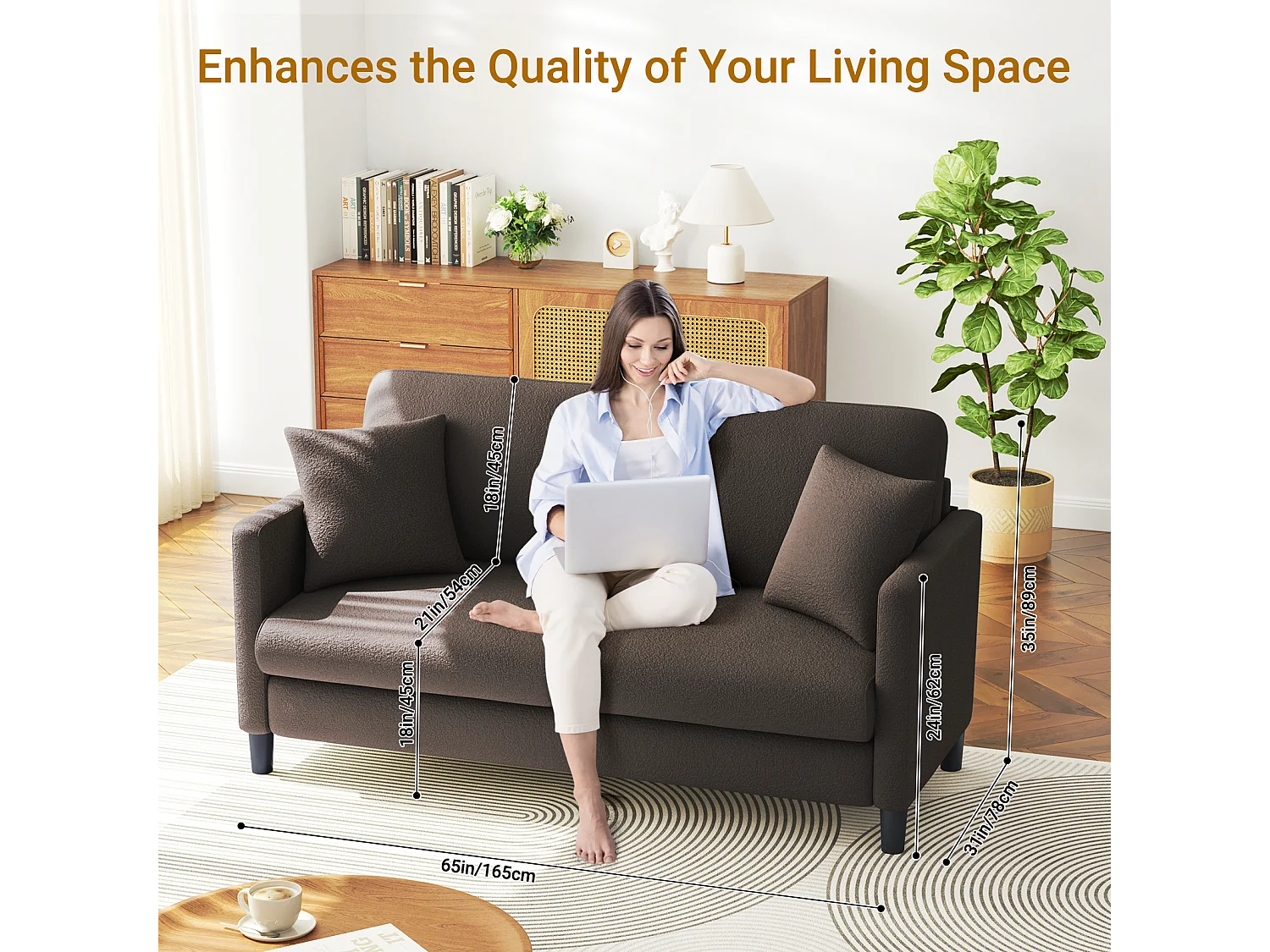 Canapé 2/3 Places en Velours Teddy,Canapé Droit Confort en Bois Massif,Loveseat avec Accoudoirs,165x78x89cm,Marron