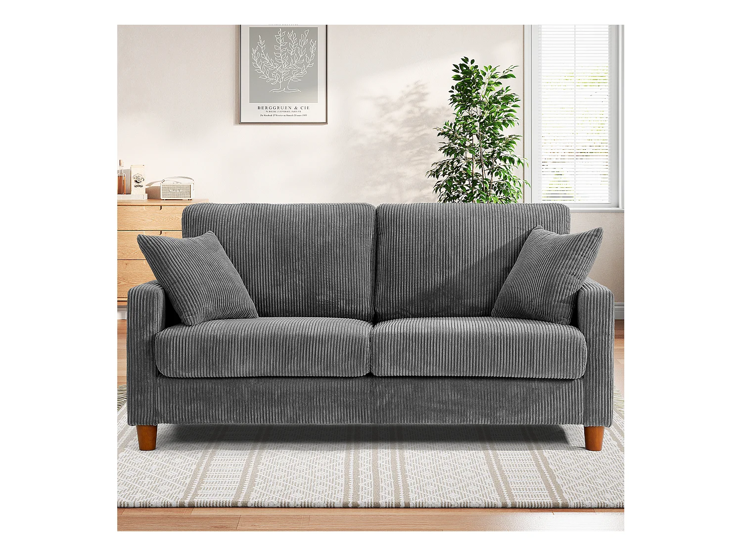 Sofá de veludo cotelê de 2 lugares, Sofá estofado moderno reto grande com assentos extra profundos 56cm - 2 almofadas - 178x76x89cm - Cinzento