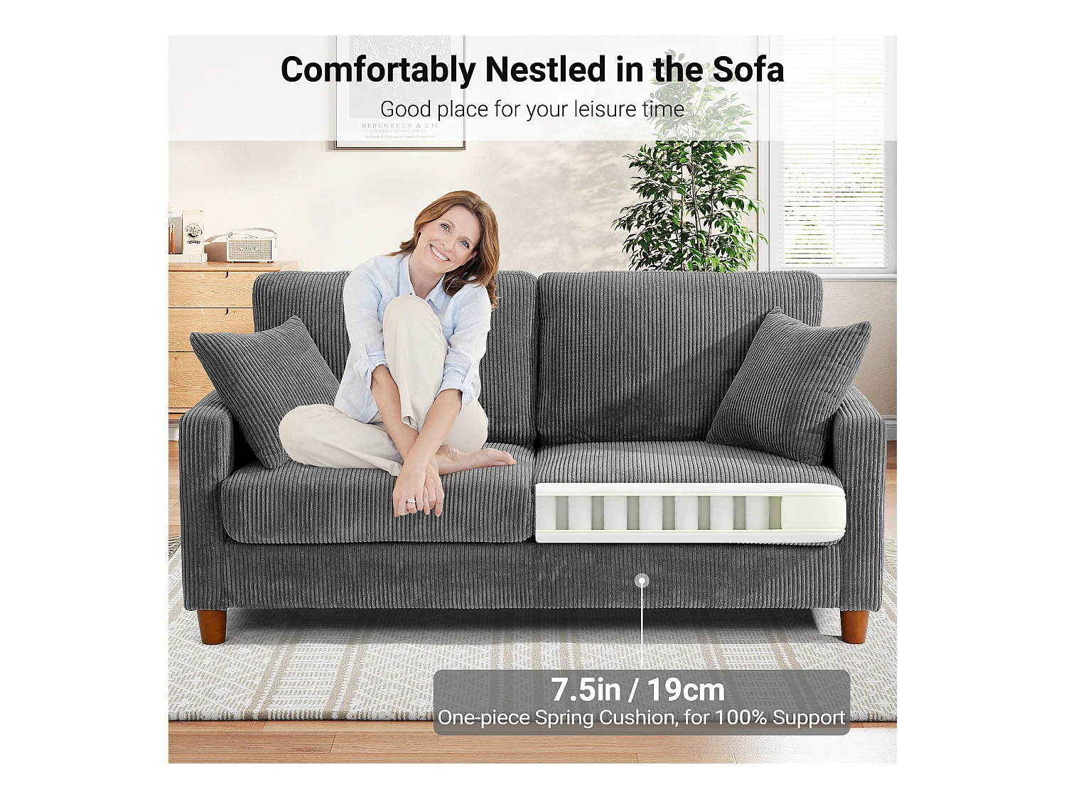 Sofá de veludo cotelê de 2 lugares, Sofá estofado moderno reto grande com assentos extra profundos 56cm - 2 almofadas - 178x76x89cm - Cinzento