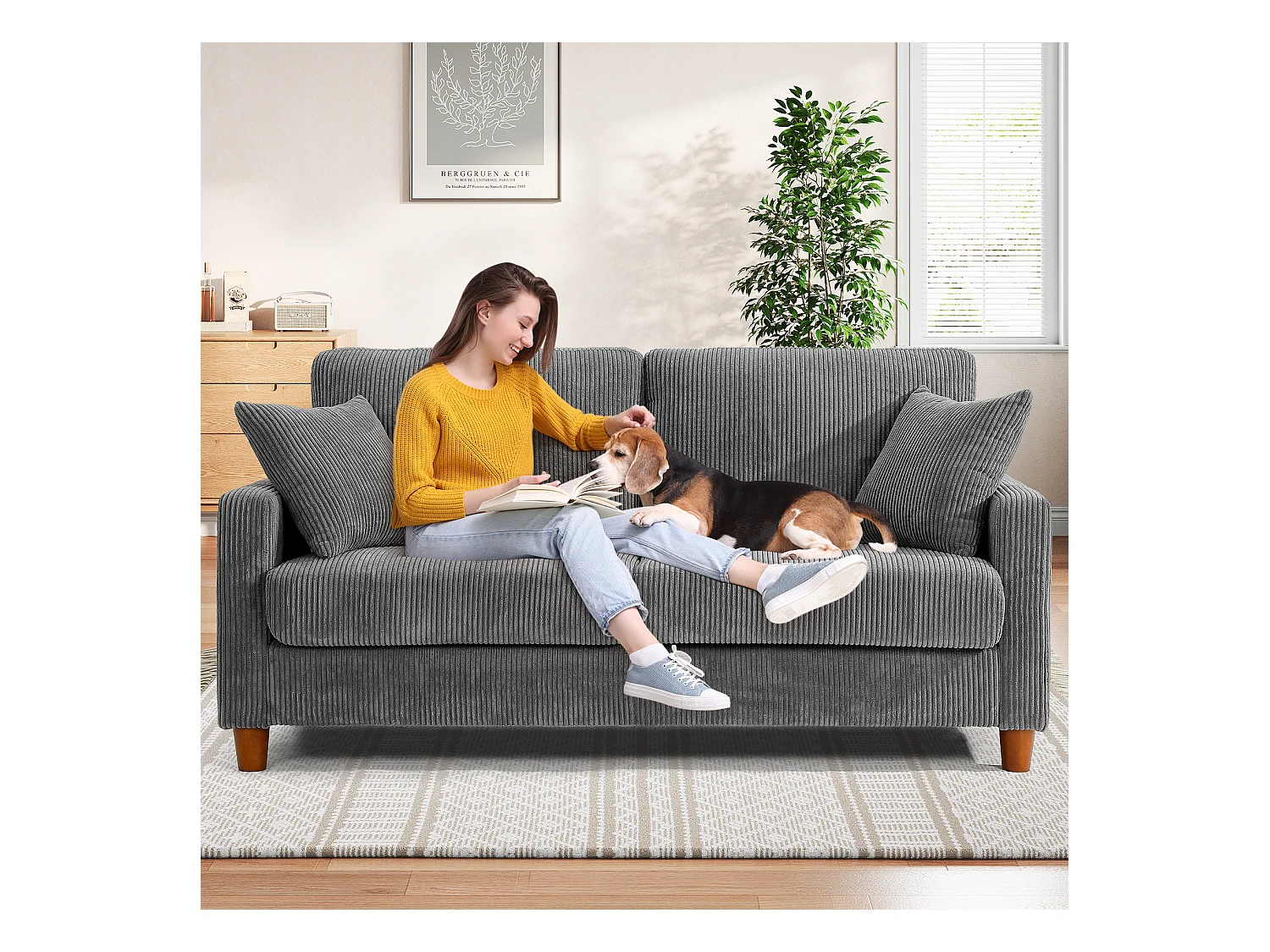 Sofá de veludo cotelê de 2 lugares, Sofá estofado moderno reto grande com assentos extra profundos 56cm - 2 almofadas - 178x76x89cm - Cinzento