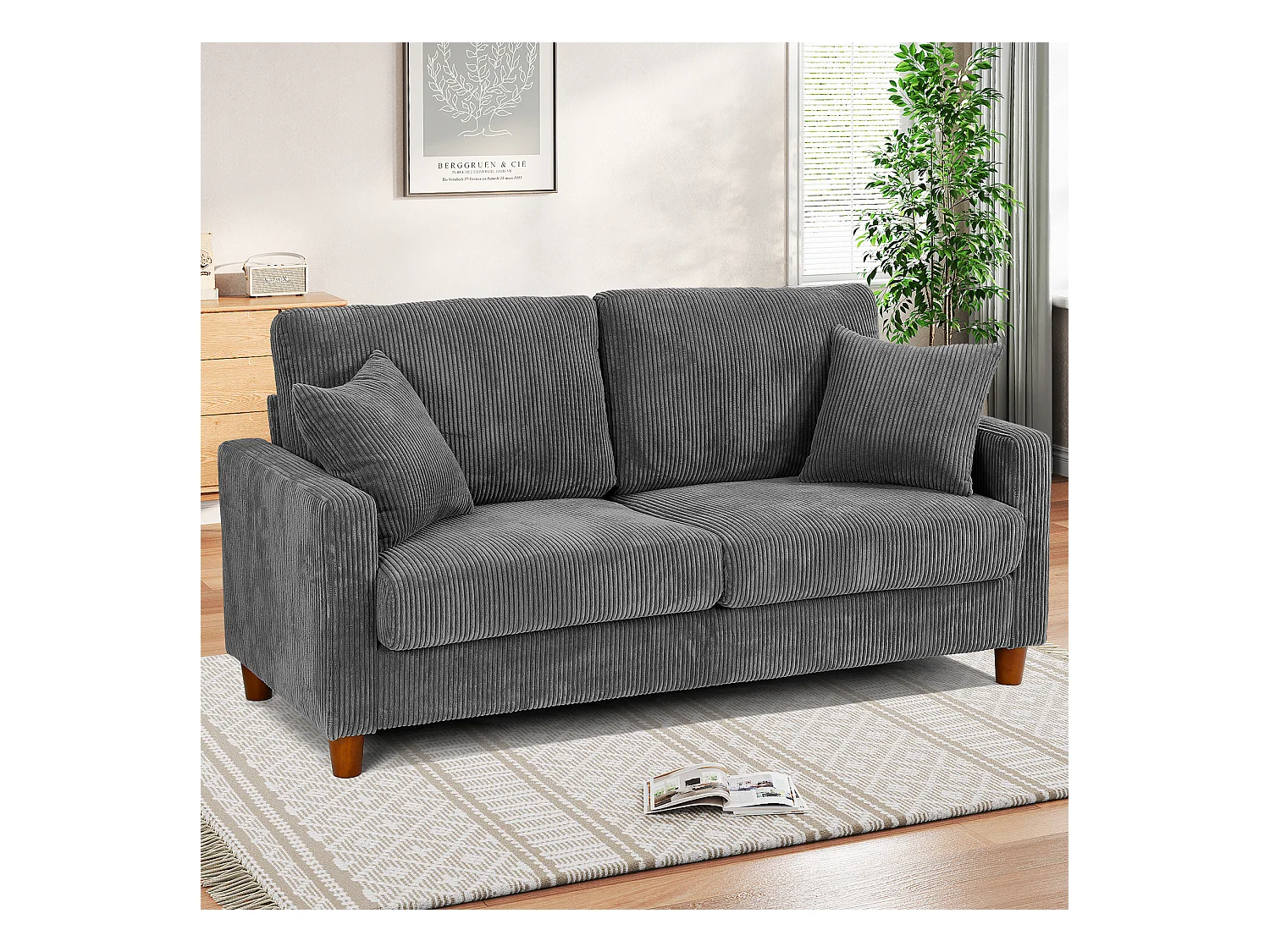 2 -seerer gerippter Samtsofa, großes modernes gepolstertes rechtes Sofa mit extra tiefen 56 cm -Sitzen - 2 Kissen - 178x76x89cm - Grau