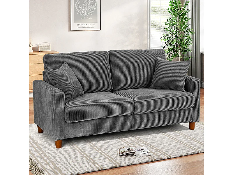 Sofá de terciopelo acanalado de 2 a 2 años, sofá derecha acolchado moderno grande con asientos adicionales de 56 cm - 2 cojines - 178x76x89cm - gris