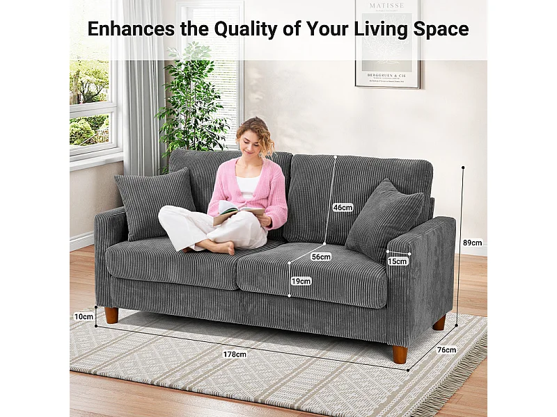 Sofá de terciopelo acanalado de 2 a 2 años, sofá derecha acolchado moderno grande con asientos adicionales de 56 cm - 2 cojines - 178x76x89cm - gris
