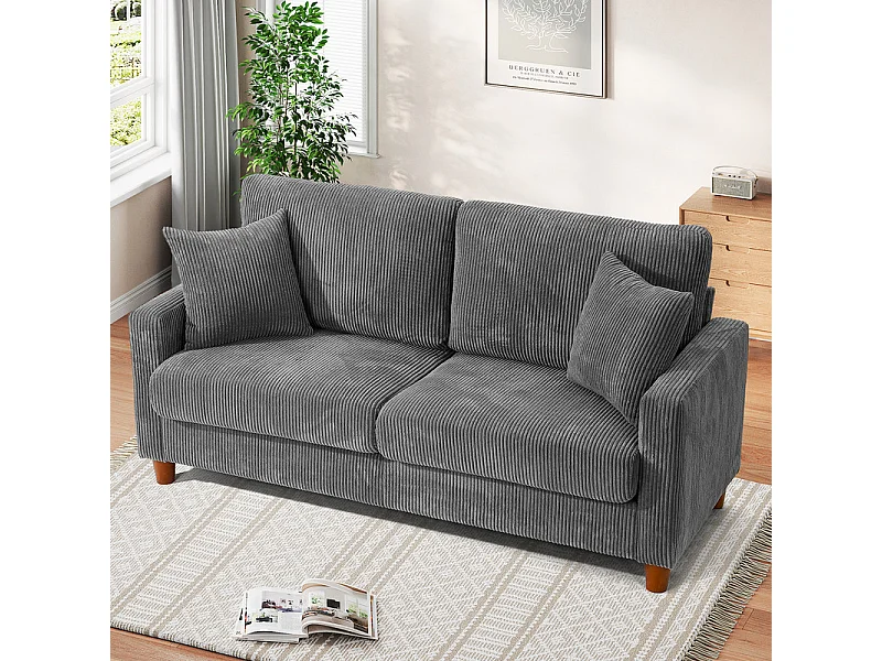 Sofá de terciopelo acanalado de 2 a 2 años, sofá derecha acolchado moderno grande con asientos adicionales de 56 cm - 2 cojines - 178x76x89cm - gris