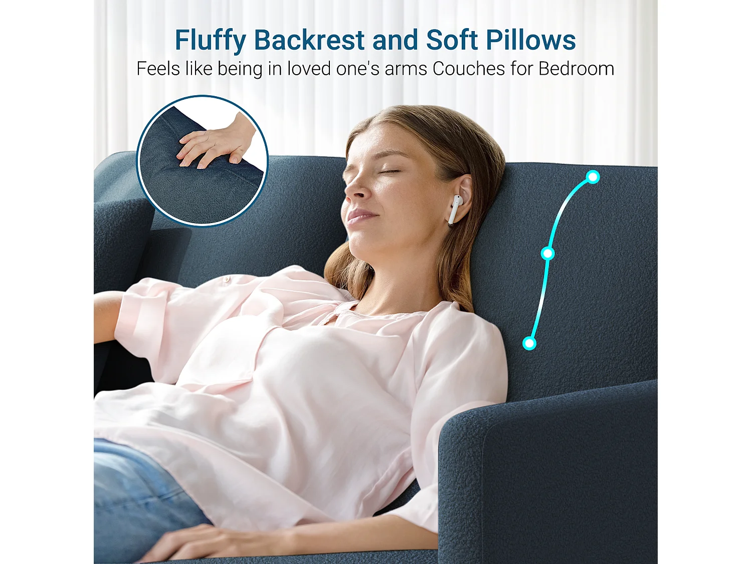 Divano 2/3 posti in Teddy Velvet, divano comfort dritto in legno massiccio, loveat con i braccioli, 165x78x89cm, Blu-grigio