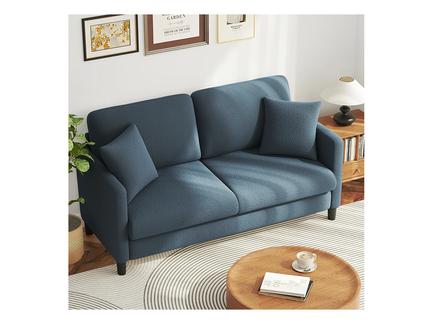2/3 Sitze in Teddy Velvet, rechter Komfortsofa in Massivholz, Liebesseat mit Armlehnen, 165x78x89cm, Blau-Grau