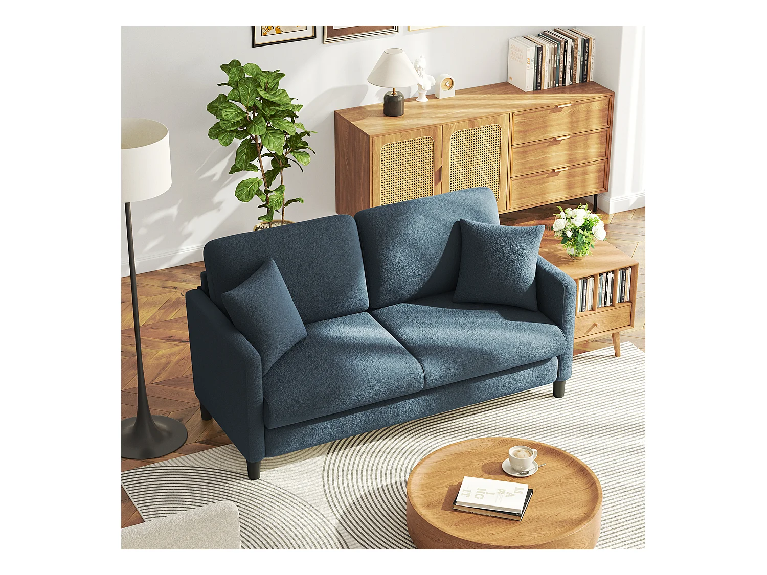 2/3-zitsbank van teddyfluweel, comfortabele rechte bank van massief hout, loveseat met armleuningen, 165x78x89cm, blauwgrijs