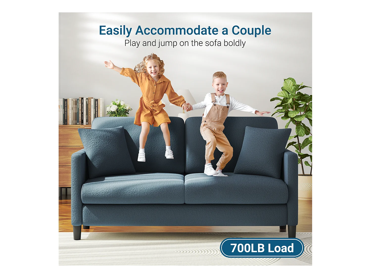 2/3-zitsbank van teddyfluweel, comfortabele rechte bank van massief hout, loveseat met armleuningen, 165x78x89cm, blauwgrijs