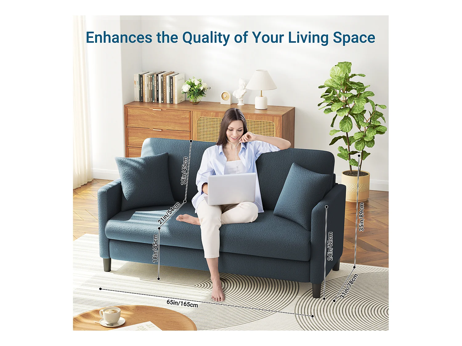 2/3-zitsbank van teddyfluweel, comfortabele rechte bank van massief hout, loveseat met armleuningen, 165x78x89cm, blauwgrijs