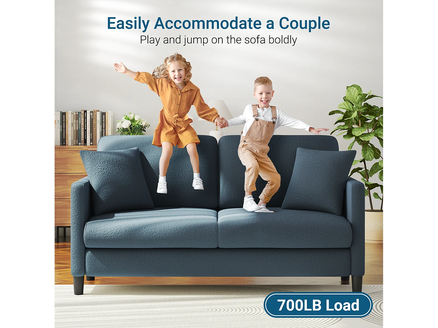 Canapé 2/3 Places en Velours Teddy,Canapé Droit Confort en Bois Massif,Loveseat avec Accoudoirs,165x78x89cm,Bleu-Gris