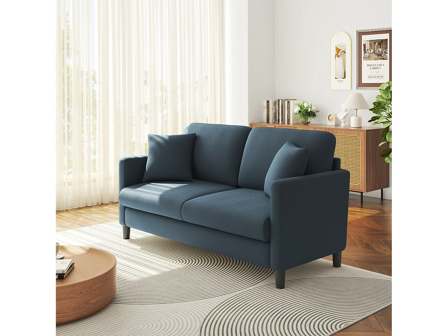 Canapé 2/3 Places en Velours Teddy,Canapé Droit Confort en Bois Massif,Loveseat avec Accoudoirs,165x78x89cm,Bleu-Gris