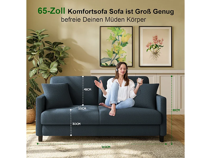 2/3 asientos en terciopelo de Teddy, sofá de comodidad correcta en madera maciza, loveseat con reposabrazos, 165x78x89cm, azul-gris