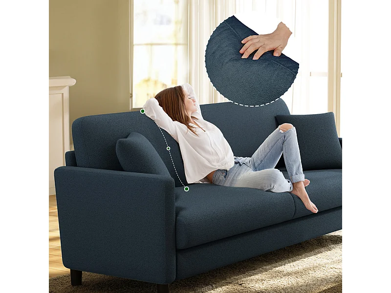 2/3 asientos en terciopelo de Teddy, sofá de comodidad correcta en madera maciza, loveseat con reposabrazos, 165x78x89cm, azul-gris