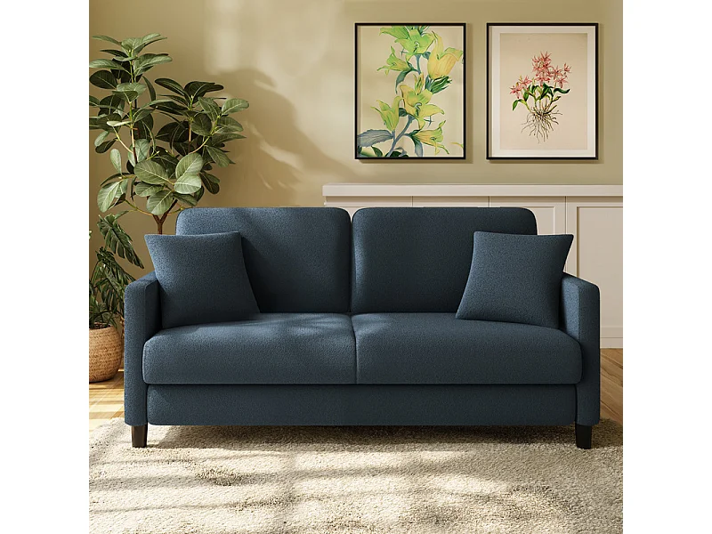 2/3 asientos en terciopelo de Teddy, sofá de comodidad correcta en madera maciza, loveseat con reposabrazos, 165x78x89cm, azul-gris