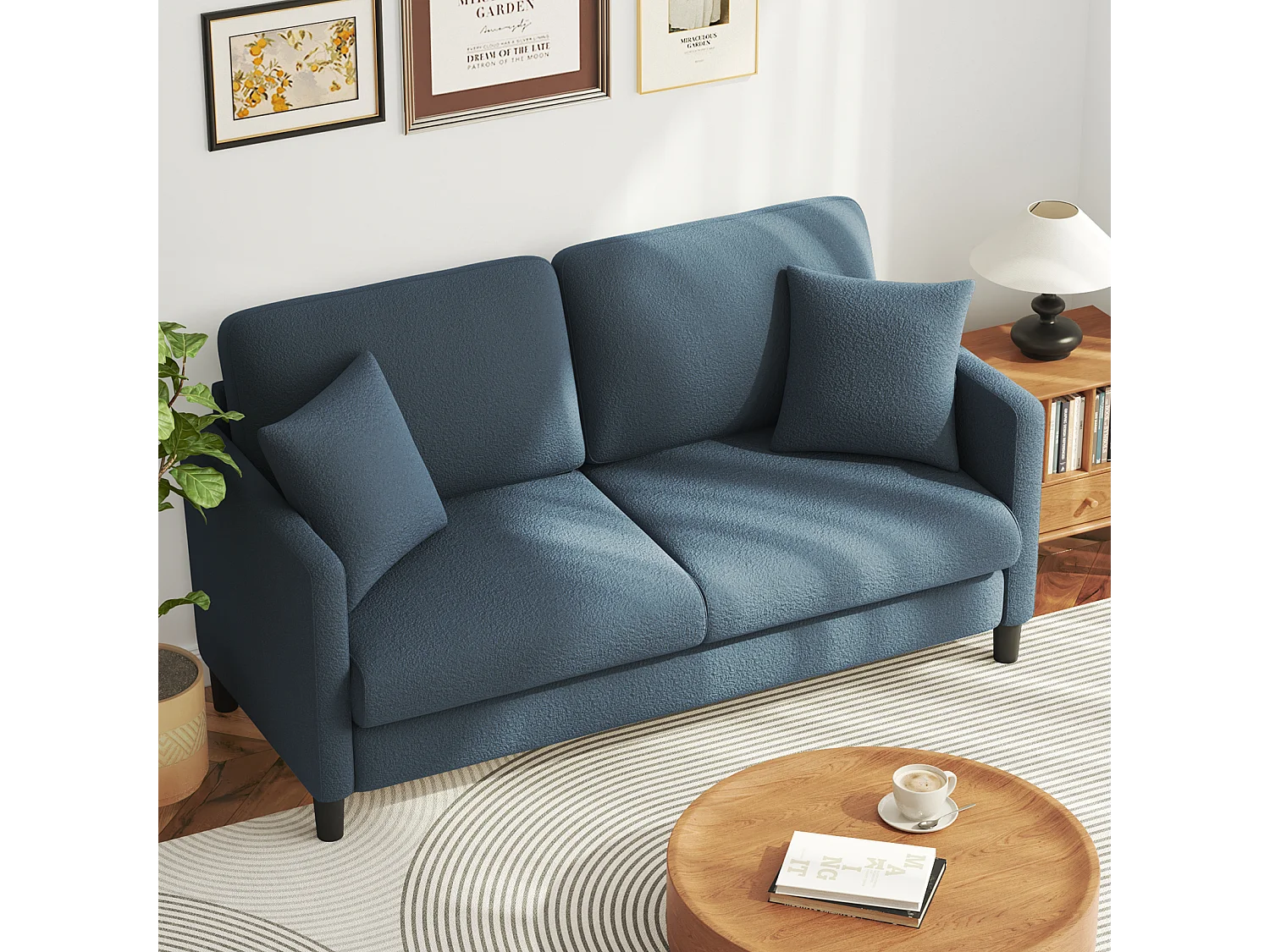 2/3-zitsbank van teddyfluweel, comfortabele rechte bank van massief hout, loveseat met armleuningen, 165x78x89cm, blauwgrijs