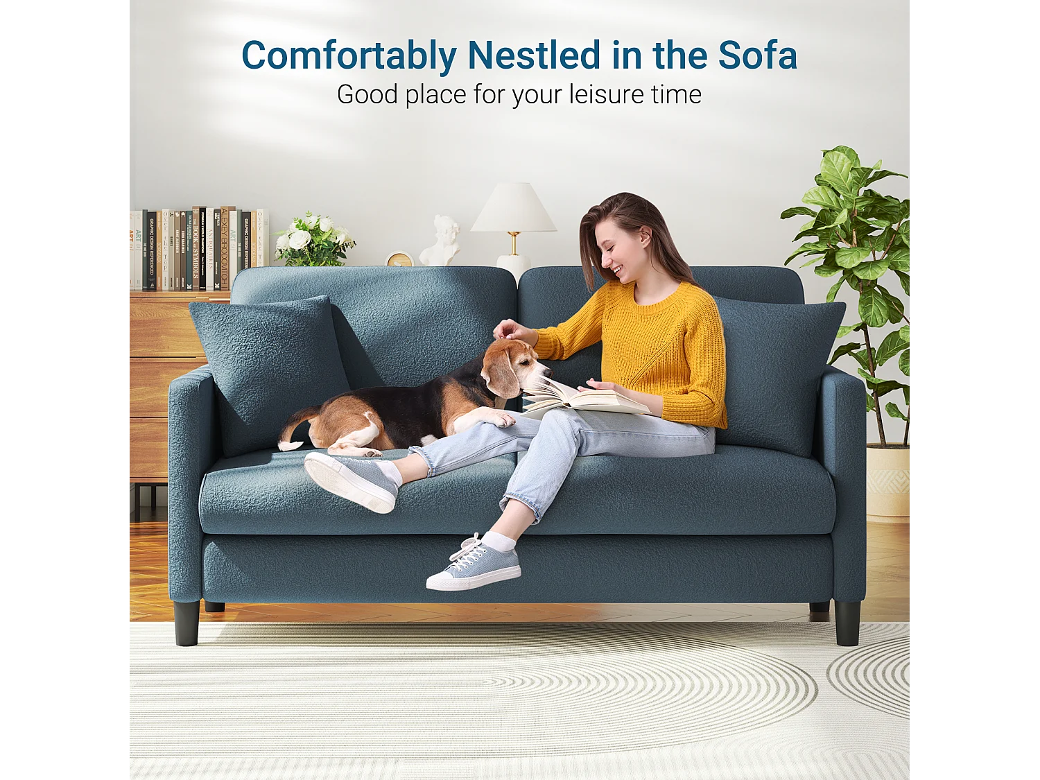 2/3-zitsbank van teddyfluweel, comfortabele rechte bank van massief hout, loveseat met armleuningen, 165x78x89cm, blauwgrijs