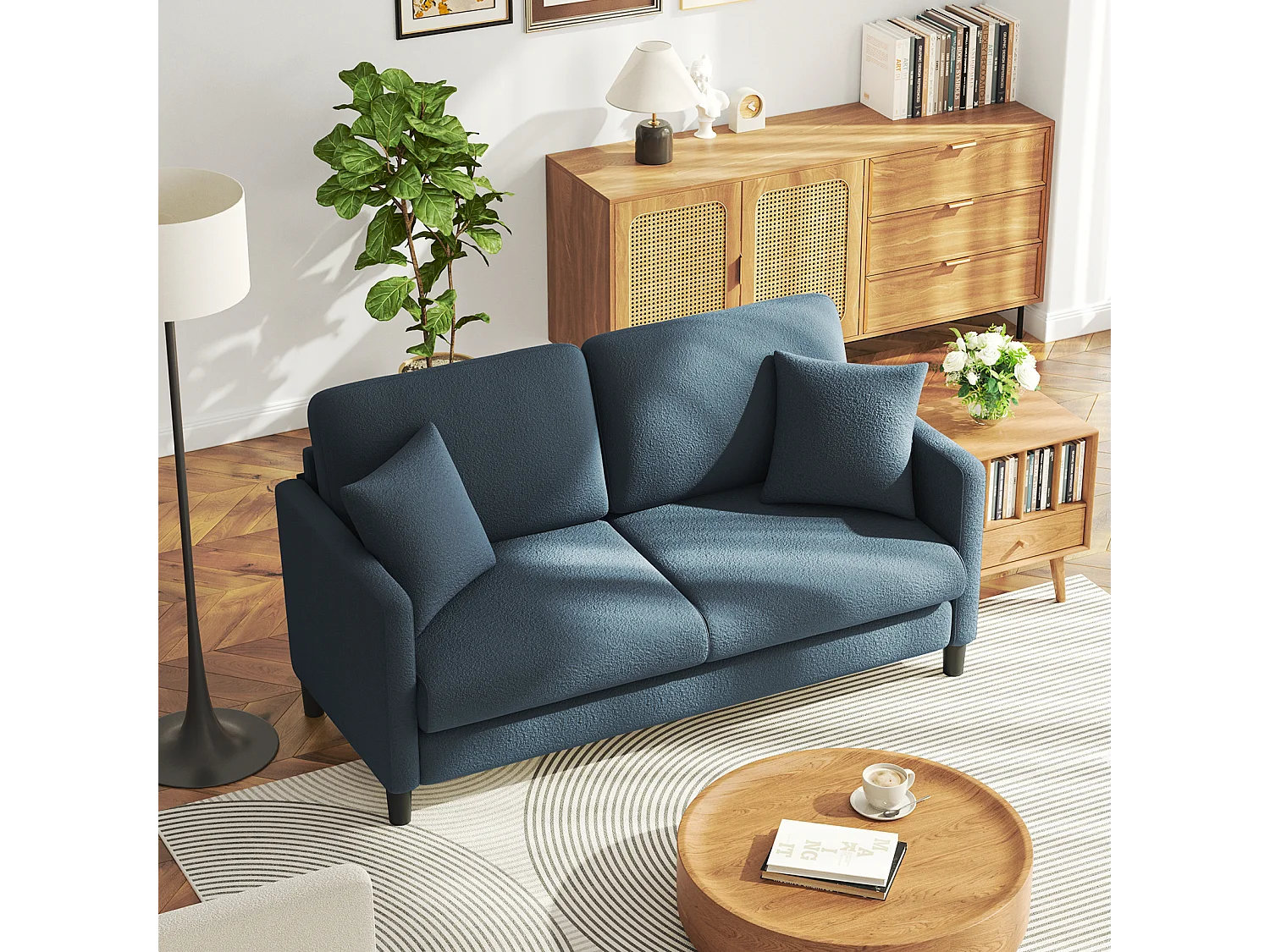 2/3-zitsbank van teddyfluweel, comfortabele rechte bank van massief hout, loveseat met armleuningen, 165x78x89cm, blauwgrijs