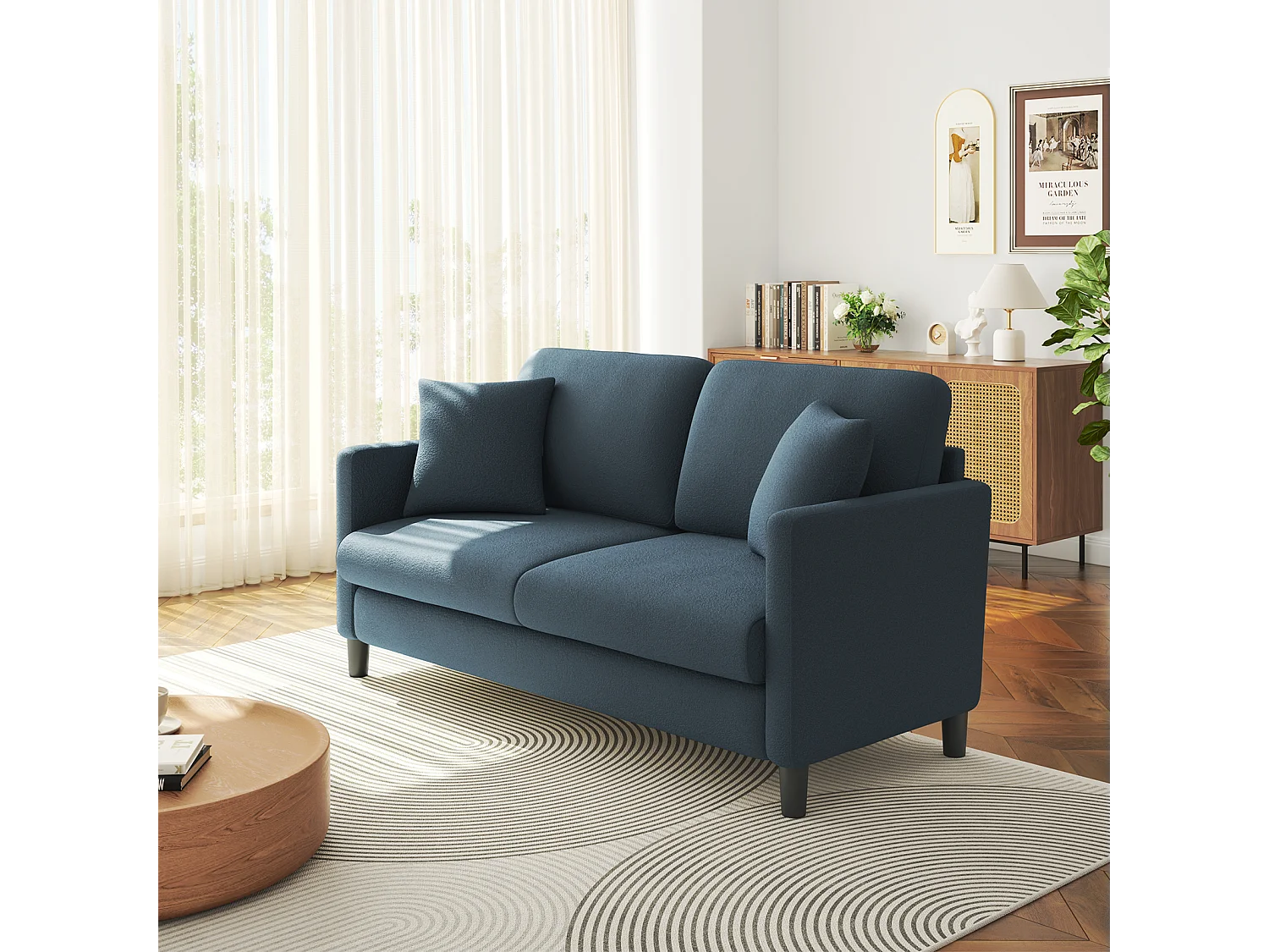 2/3-zitsbank van teddyfluweel, comfortabele rechte bank van massief hout, loveseat met armleuningen, 165x78x89cm, blauwgrijs