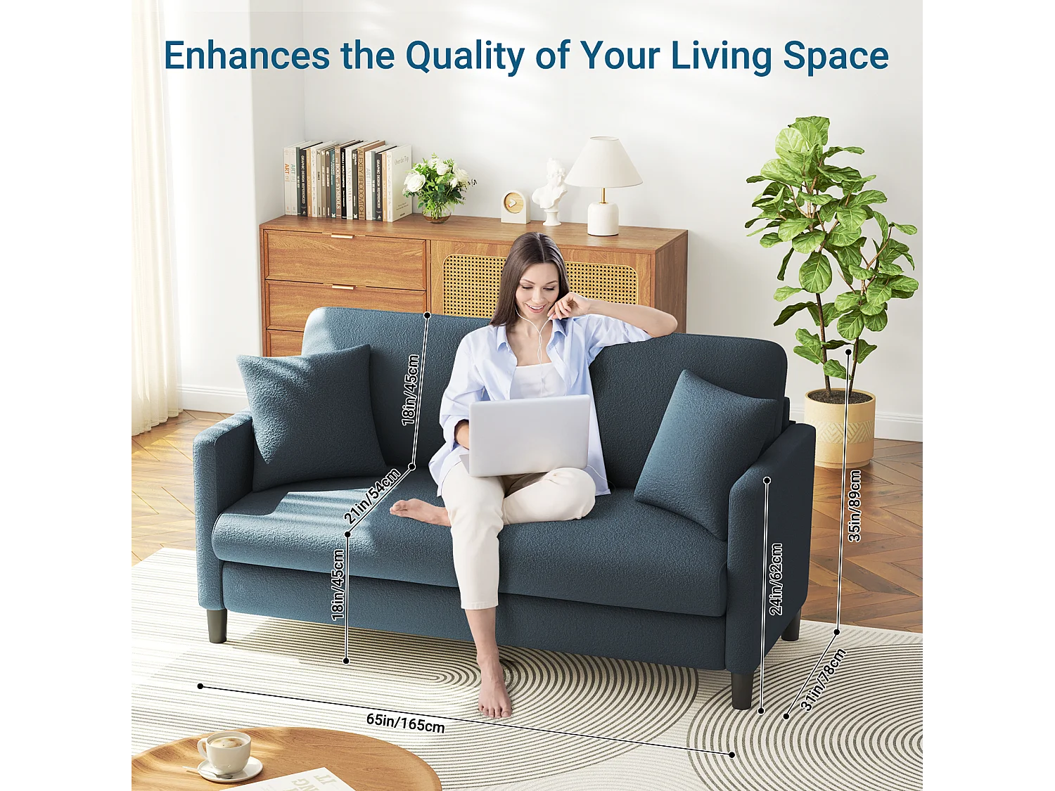 2/3-zitsbank van teddyfluweel, comfortabele rechte bank van massief hout, loveseat met armleuningen, 165x78x89cm, blauwgrijs