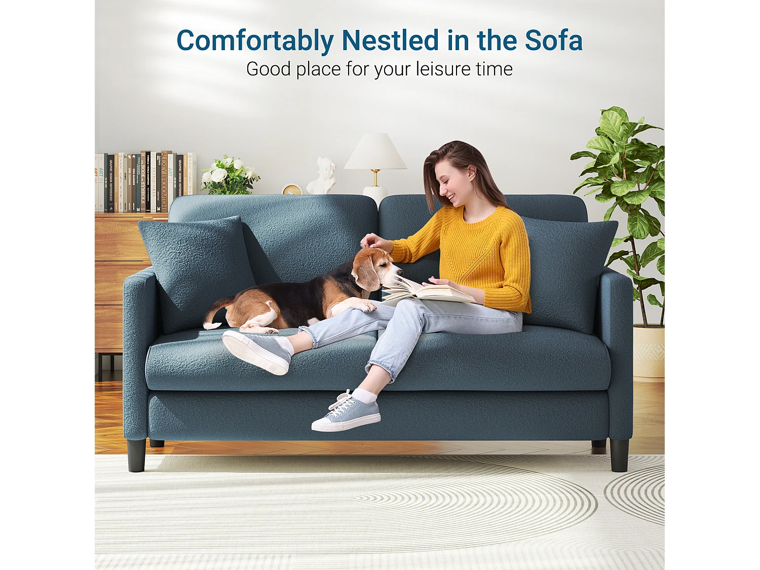 Canapé 2/3 Places en Velours Teddy,Canapé Droit Confort en Bois Massif,Loveseat avec Accoudoirs,165x78x89cm,Bleu-Gris