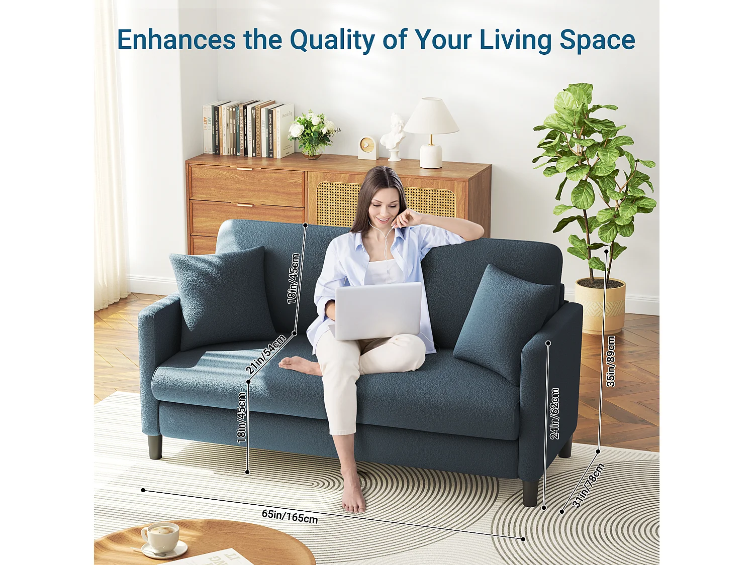 Canapé 2/3 Places en Velours Teddy,Canapé Droit Confort en Bois Massif,Loveseat avec Accoudoirs,165x78x89cm,Bleu-Gris