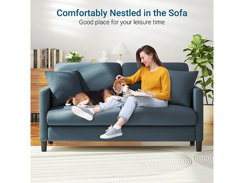 2/3 asientos en terciopelo de Teddy, sofá de comodidad correcta en madera maciza, loveseat con reposabrazos, 165x78x89cm, azul-gris