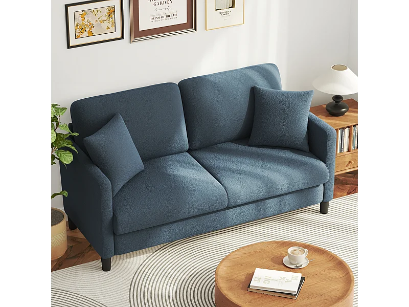 Canapé 2/3 Places en Velours Teddy,Canapé Droit Confort en Bois Massif,Loveseat avec Accoudoirs,165x78x89cm,Bleu-Gris