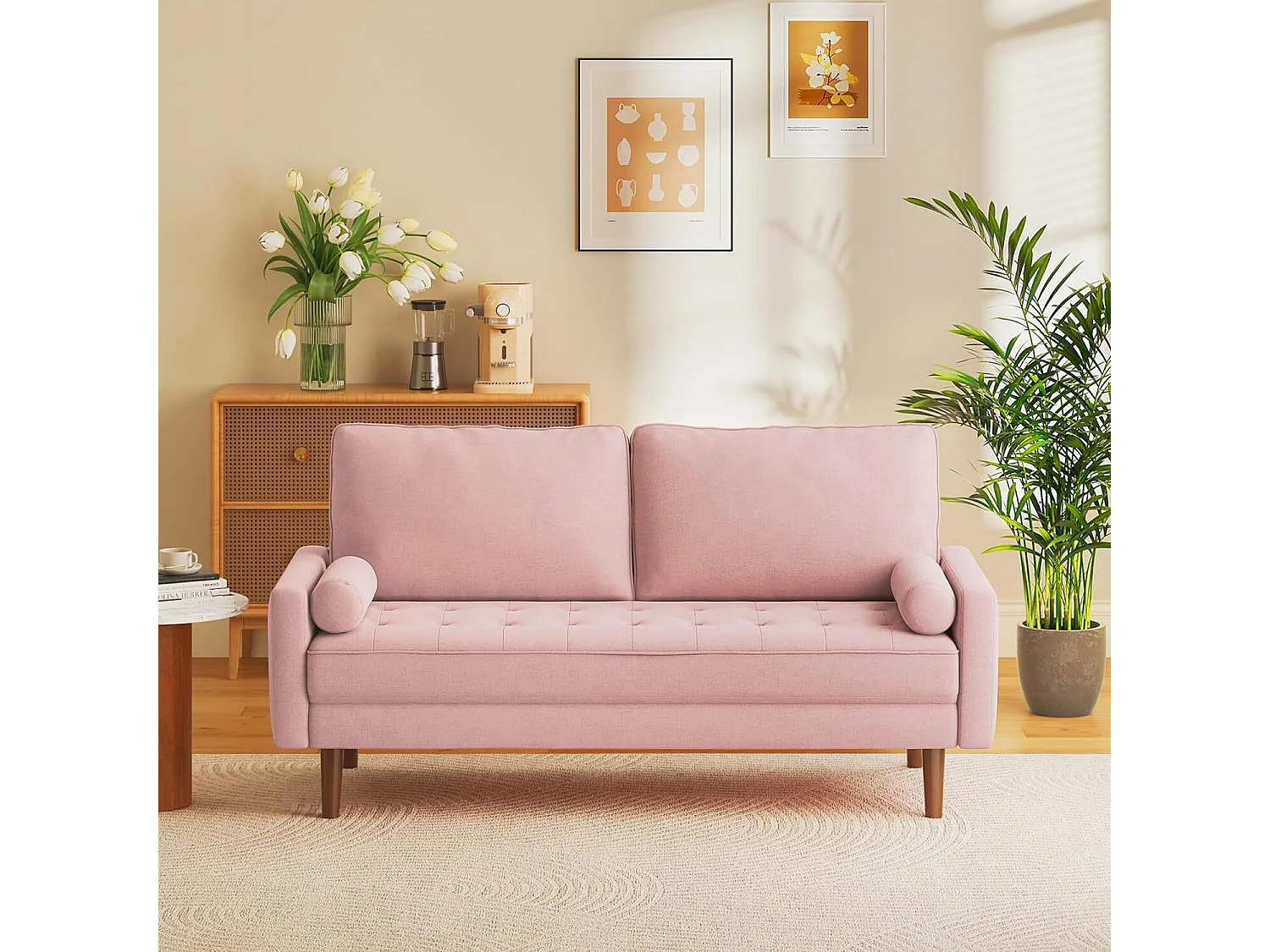 3-zitsbank in moderne linnenstof met armleuningen, massief houten poten - 173x77x84cm - Roze