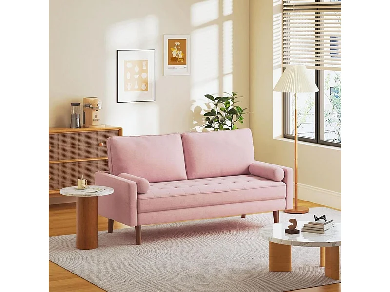 3-zitsbank in moderne linnenstof met armleuningen, massief houten poten - 173x77x84cm - Roze