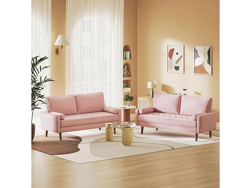 3-zitsbank in moderne linnenstof met armleuningen, massief houten poten - 173x77x84cm - Roze