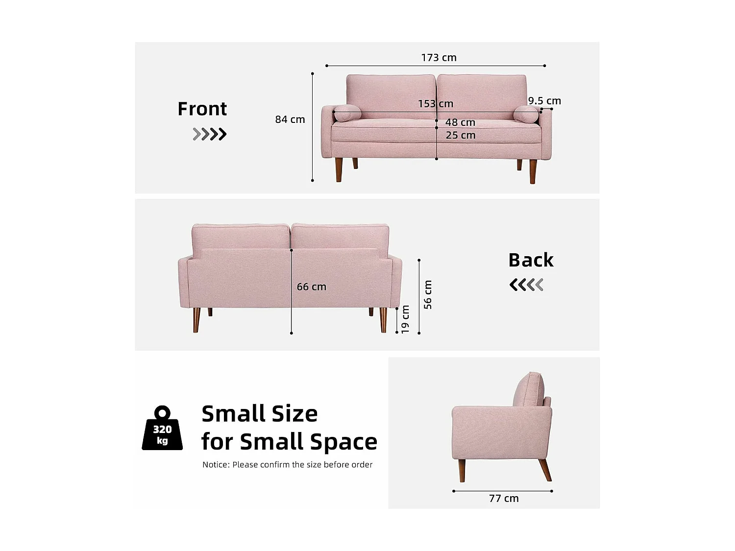 3-zitsbank in moderne linnenstof met armleuningen, massief houten poten - 173x77x84cm - Roze