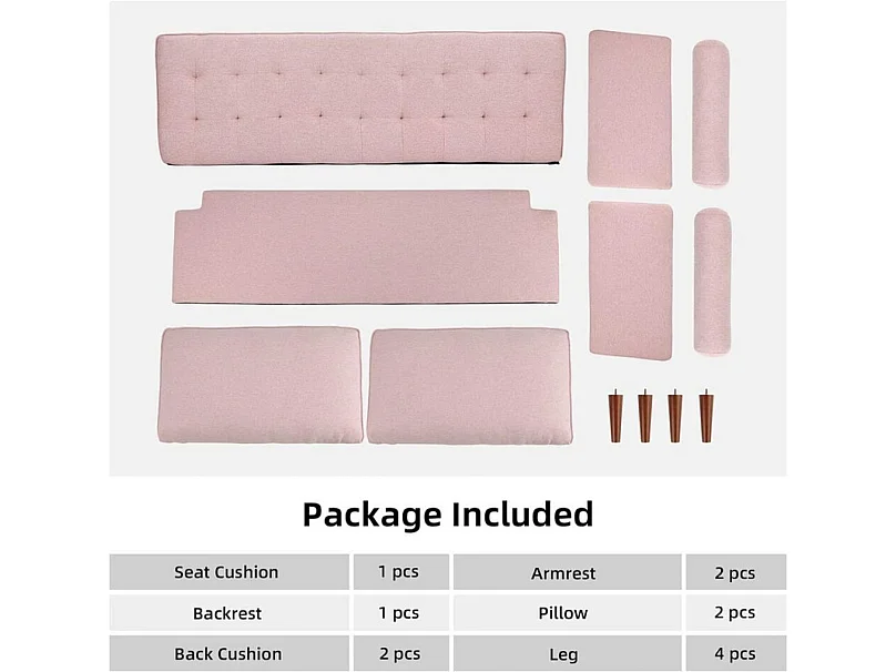 3-zitsbank in moderne linnenstof met armleuningen, massief houten poten - 173x77x84cm - Roze