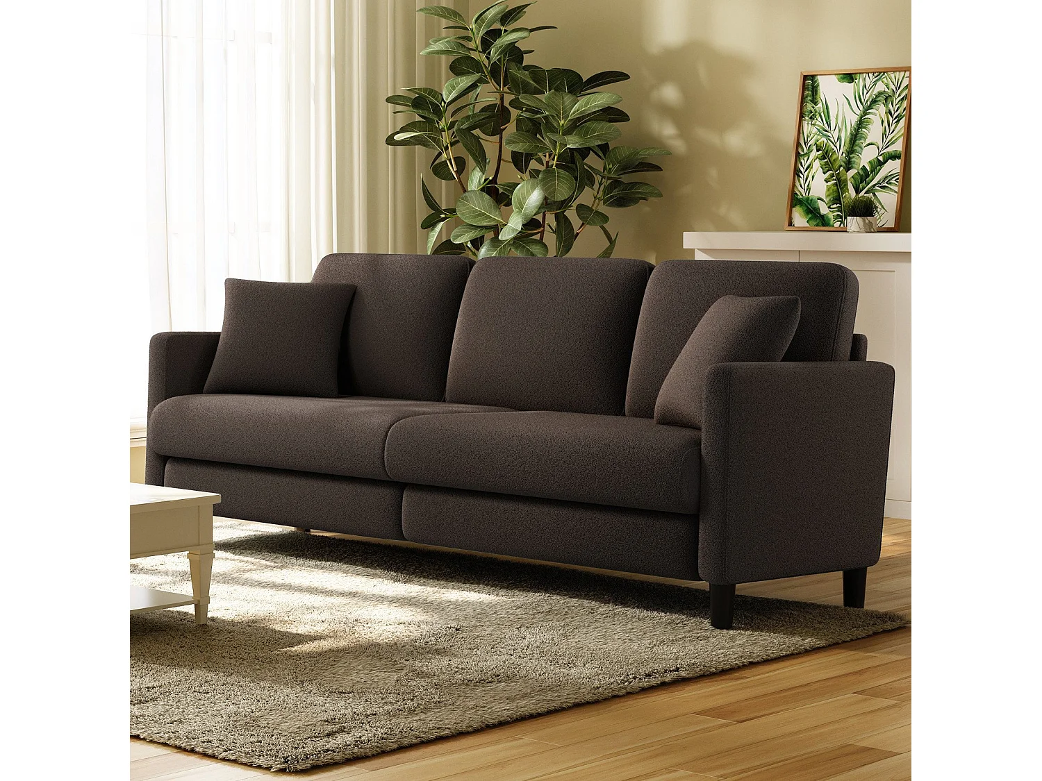 Canapé 3 Places en Velours Teddy,Grand Canapé Droit Confort en Bois Massif,Loveseat avec Accoudoirs,210 x 79 x 89 cm - Marron