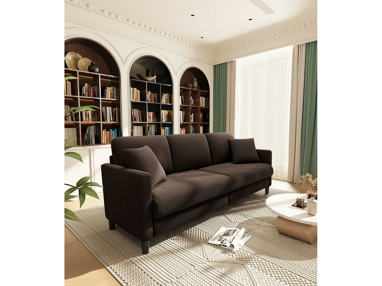 Canapé 3 Places en Velours Teddy,Grand Canapé Droit Confort en Bois Massif,Loveseat avec Accoudoirs,210 x 79 x 89 cm - Marron