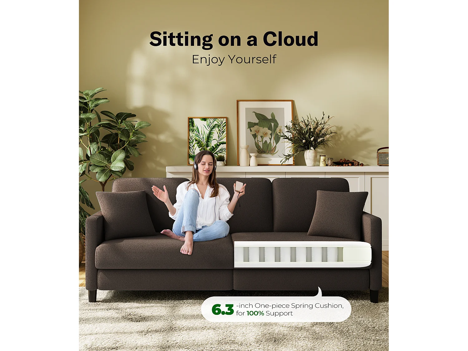 Canapé 3 Places en Velours Teddy,Grand Canapé Droit Confort en Bois Massif,Loveseat avec Accoudoirs,210 x 79 x 89 cm - Marron