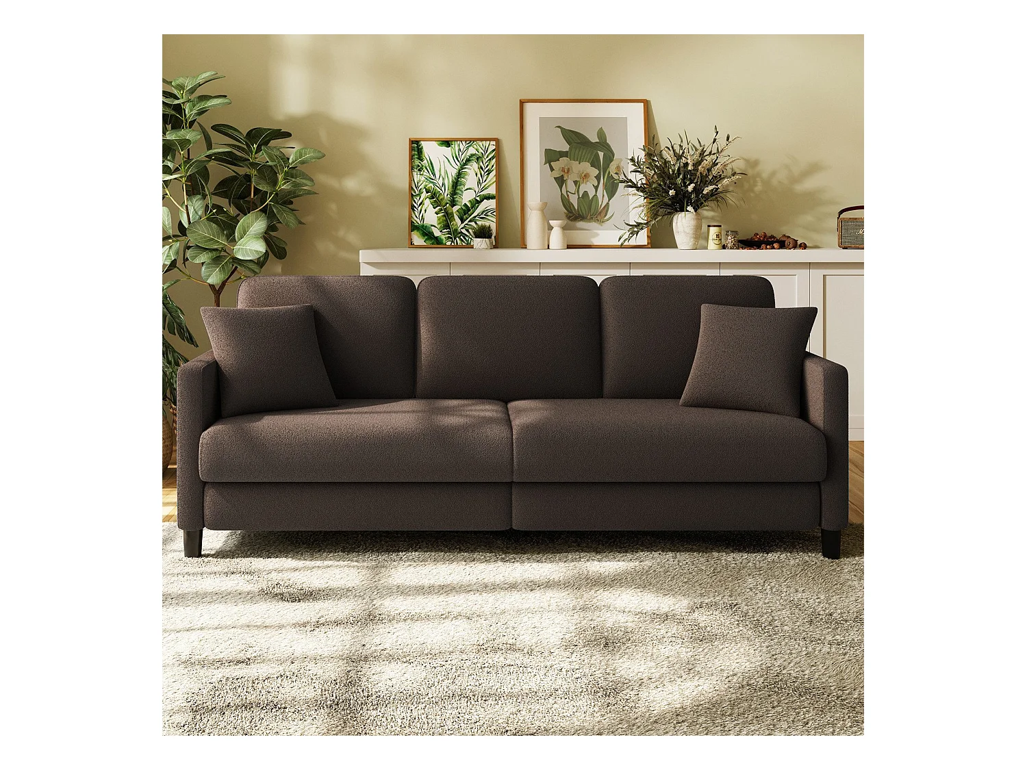 3 Sitzoter -Sofa in Teddy Samt, großer rechter Sofa Komfort in festem Holz, Liebessitz mit Armlehnen, 210 x 79 x 89 cm - Brown