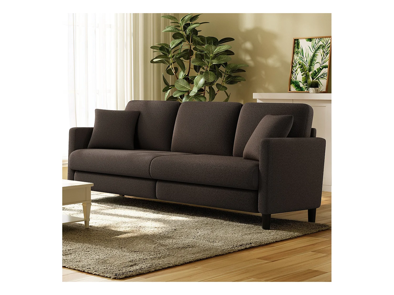 Canapé 3 Places en Velours Teddy,Grand Canapé Droit Confort en Bois Massif,Loveseat avec Accoudoirs,210 x 79 x 89 cm - Marron