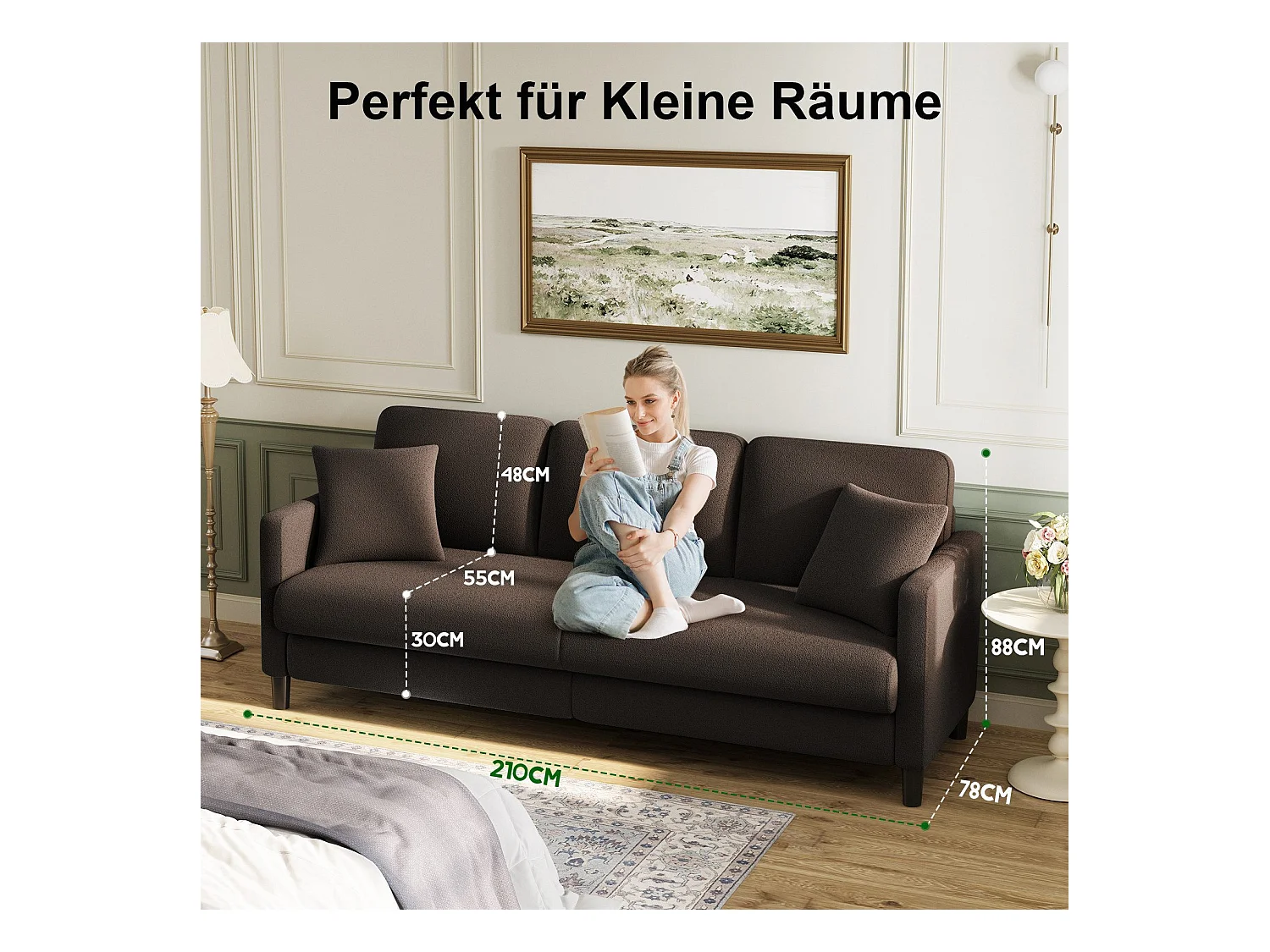 Canapé 3 Places en Velours Teddy,Grand Canapé Droit Confort en Bois Massif,Loveseat avec Accoudoirs,210 x 79 x 89 cm - Marron