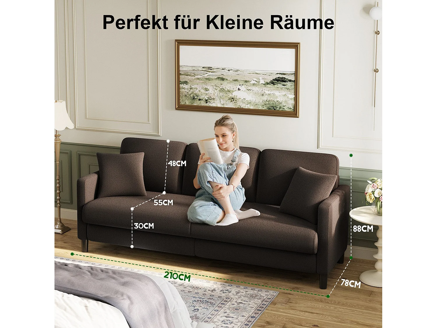 Canapé 3 Places en Velours Teddy,Grand Canapé Droit Confort en Bois Massif,Loveseat avec Accoudoirs,210 x 79 x 89 cm - Marron