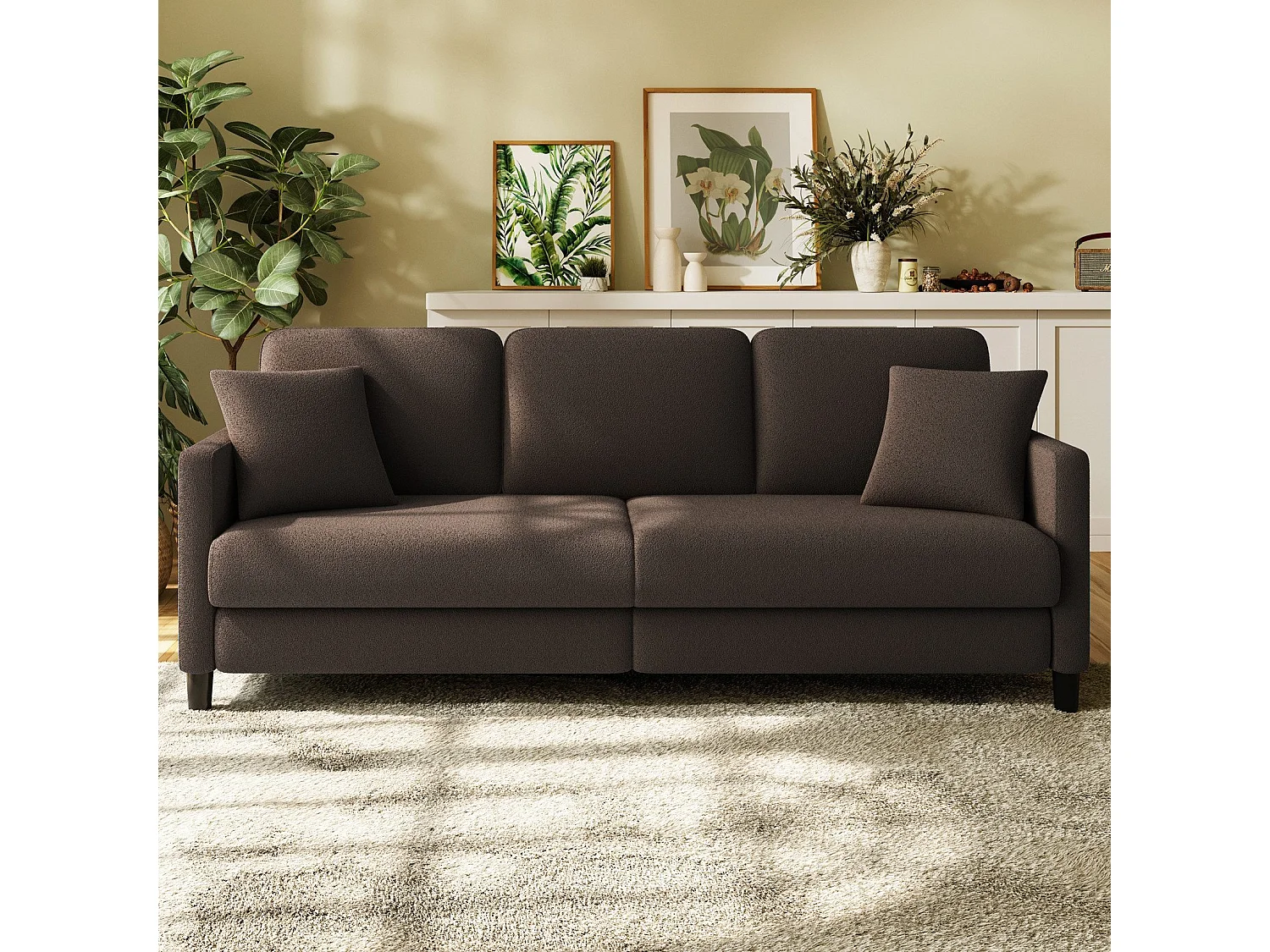 Divano da 3 posti in velluto per orsacchiotto, grande divano destro comfort in legno massiccio, di ama con i braccioli, 210 x 79 x 89 cm - marrone