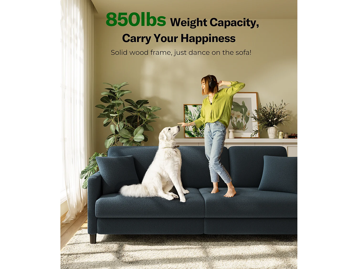 Divano a 3 posti in velluto per orsacchiotto, grande divano a destra comfort in legno massiccio, ama con i braccioli, 210 x 79 x 89 cm, blu-grigio