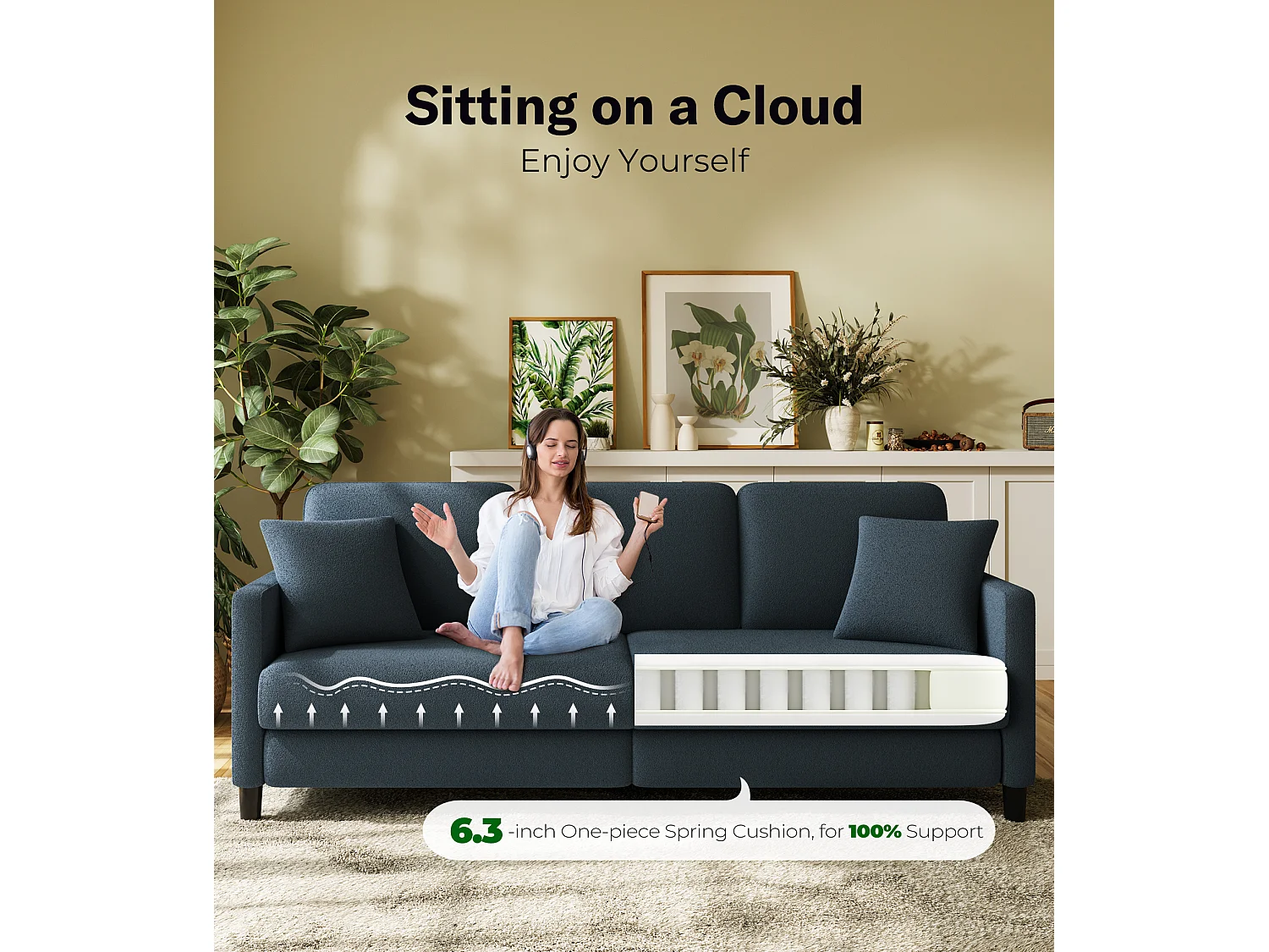 Divano a 3 posti in velluto per orsacchiotto, grande divano a destra comfort in legno massiccio, ama con i braccioli, 210 x 79 x 89 cm, blu-grigio