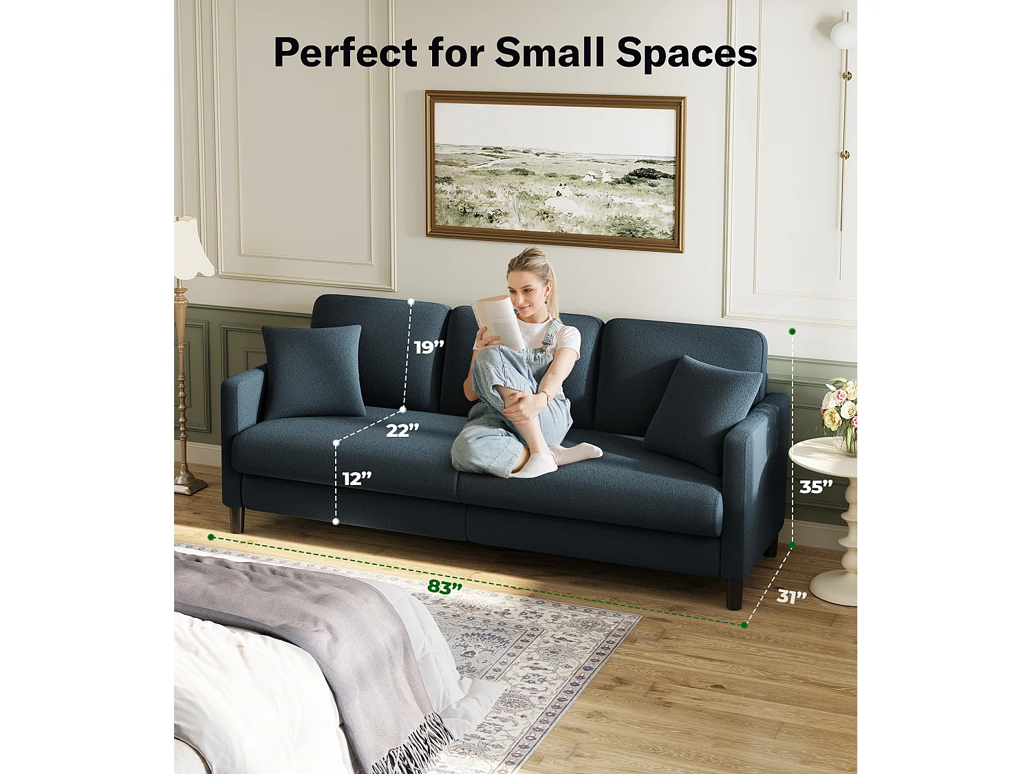 Divano a 3 posti in velluto per orsacchiotto, grande divano a destra comfort in legno massiccio, ama con i braccioli, 210 x 79 x 89 cm, blu-grigio