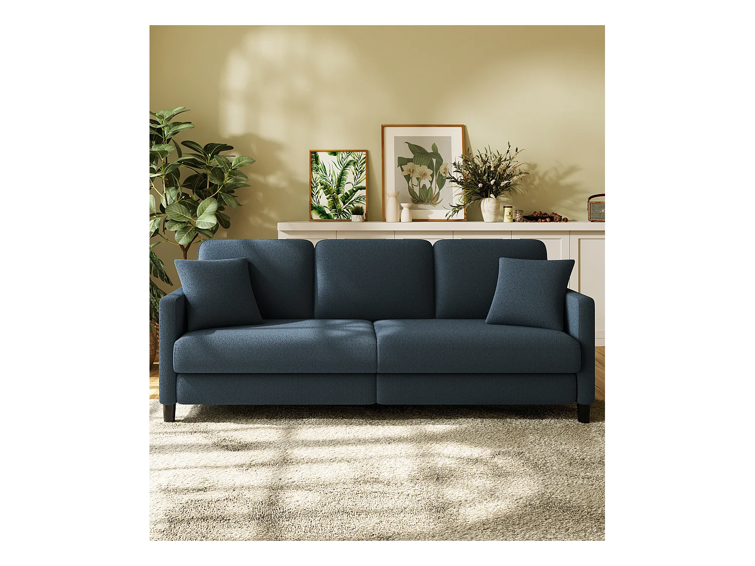 3-Sitzer-Sofa in Teddy Samt, großer rechter Sofa Komfort in festem Holz, Liebessitz mit Armlehnen, 210 x 79 x 89 cm, Blau-Grau