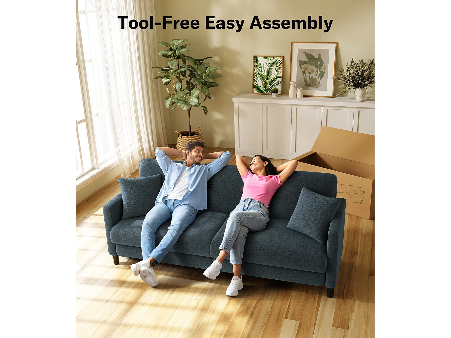 Canapé 3 Places en Velours Teddy,Grand Canapé Droit Confort en Bois Massif,Loveseat avec Accoudoirs,210 x 79 x 89 cm,Bleu-Gris