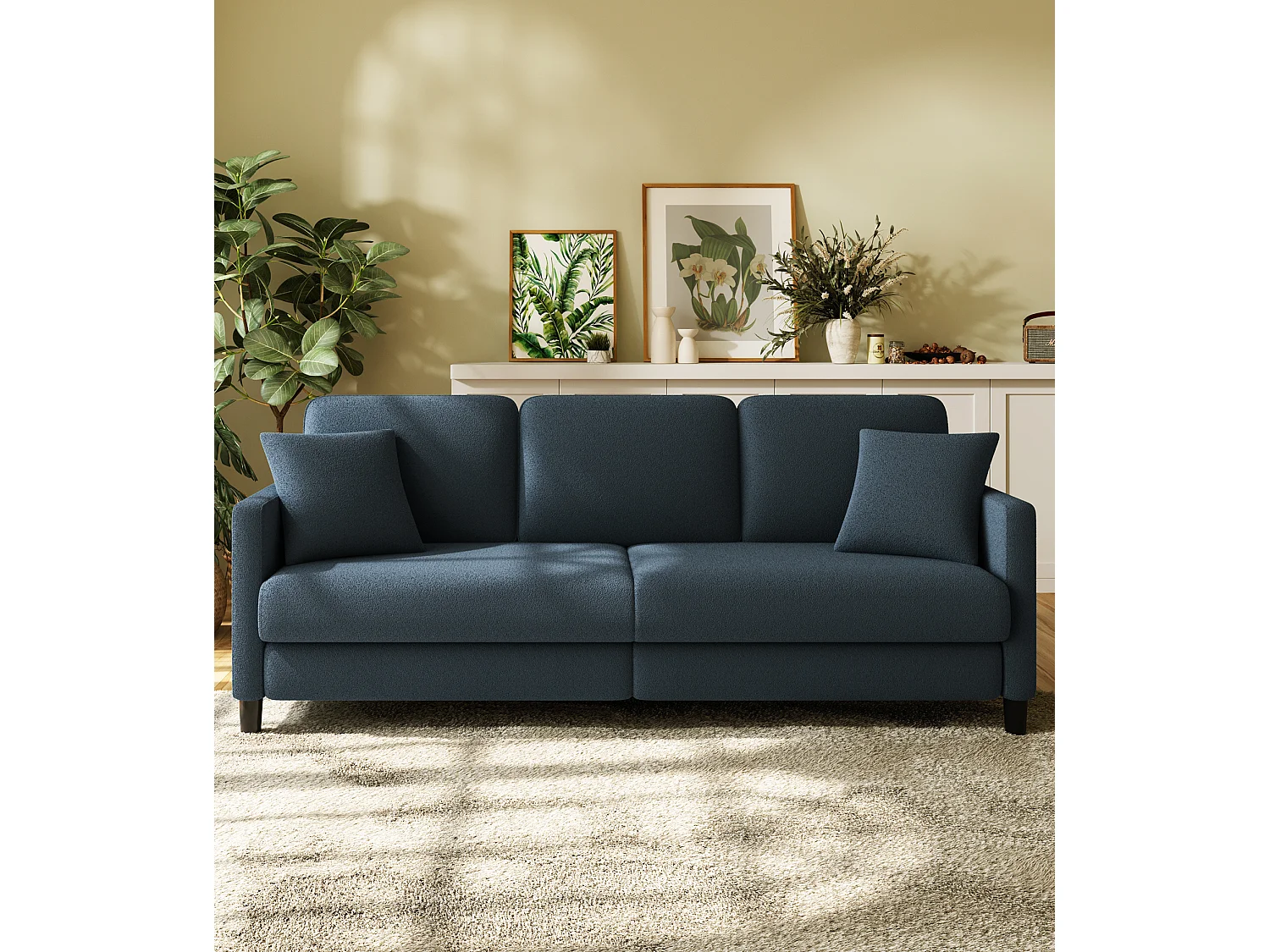 3-Sitzer-Sofa in Teddy Samt, großer rechter Sofa Komfort in festem Holz, Liebessitz mit Armlehnen, 210 x 79 x 89 cm, Blau-Grau