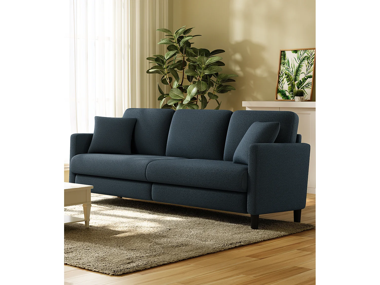 3-Sitzer-Sofa in Teddy Samt, großer rechter Sofa Komfort in festem Holz, Liebessitz mit Armlehnen, 210 x 79 x 89 cm, Blau-Grau