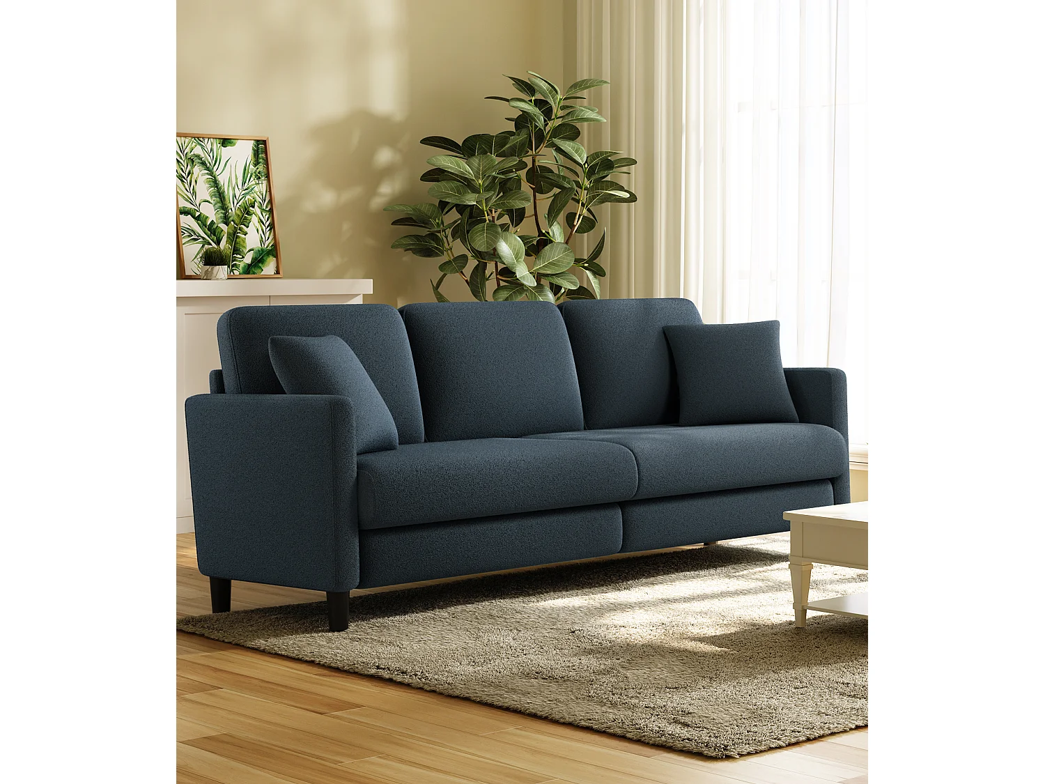 3-Sitzer-Sofa in Teddy Samt, großer rechter Sofa Komfort in festem Holz, Liebessitz mit Armlehnen, 210 x 79 x 89 cm, Blau-Grau