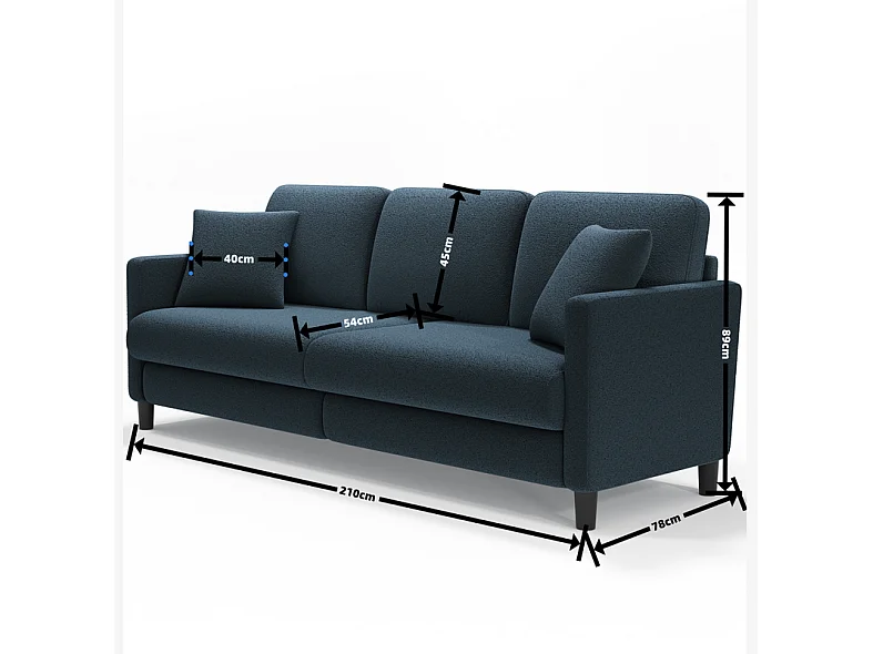 3-Sitzer-Sofa in Teddy Samt, großer rechter Sofa Komfort in festem Holz, Liebessitz mit Armlehnen, 210 x 79 x 89 cm, Blau-Grau