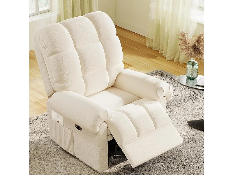 Elektrische relaxfauteuil met voetsteun, teddyfluwelen loungestoel, verstelbare vrijetijdsfauteuil, USB, antistatisch, comfort, 96x97x104cm beige